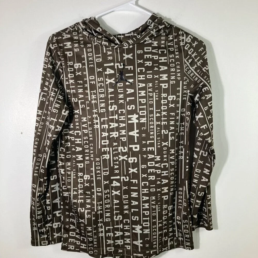Youth Nike Dri Fit Jordan‎ Basketball Graphics Hooded Shirt Brown White L
